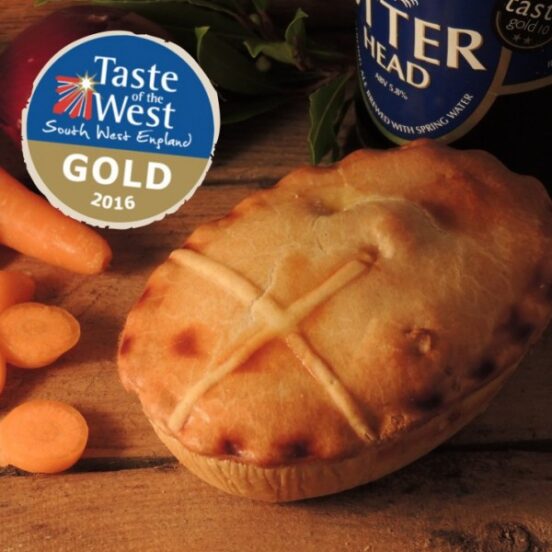 Chunk Steak Pie with Otter Ale, Caramelised Red Onions & Roasted Carrots
