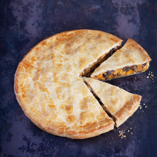 Peck and Strong Roast Sweet Potato, Garlic, Mushroom and Blue Cheese Pie